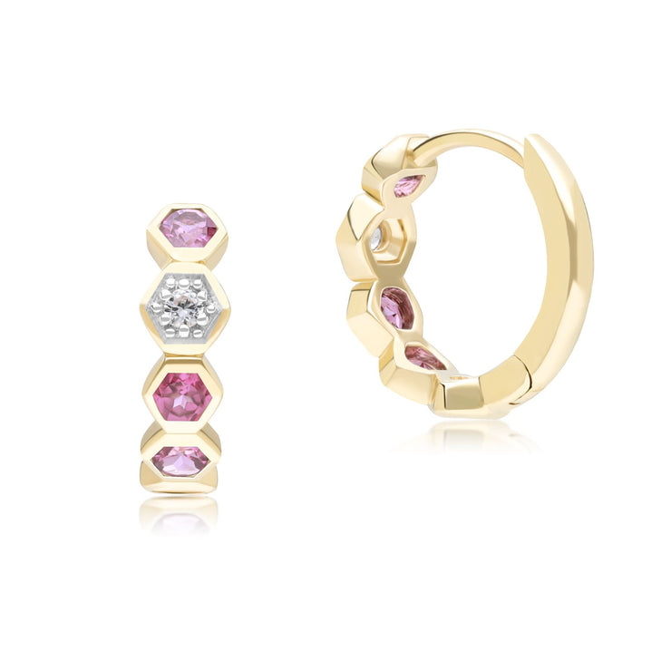 Boucles d'Oreilles Créoles Geometrique Hex en Or Jaune 9ct avec Rhodolite et Saphir Ronds