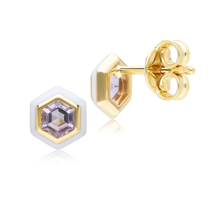 Boucles d'oreilles clou Geometric Hex avec améthyste rose et émail blanc en argent sterling doré à l'or fin