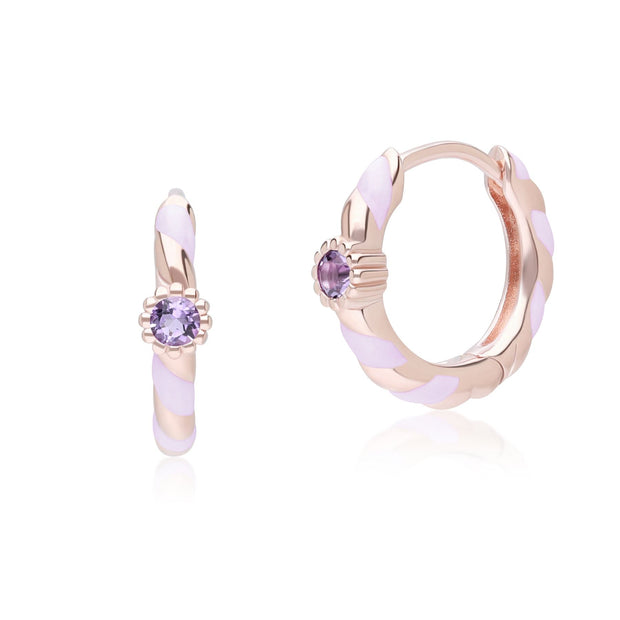 Boucles d'oreilles créoles Siberian Waltz en émail violet et améthyste rose ronde en vermeil or rose