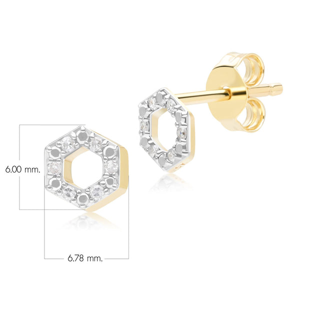 Boucles d'oreilles clou Geometric Hex en or jaune 9ct avec diamant