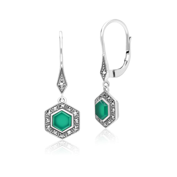 Boucles d'Oreilles Pendantes Style Art Déco en Argent Sterling 925 avec Calcédoine Hexagone et Marcassite