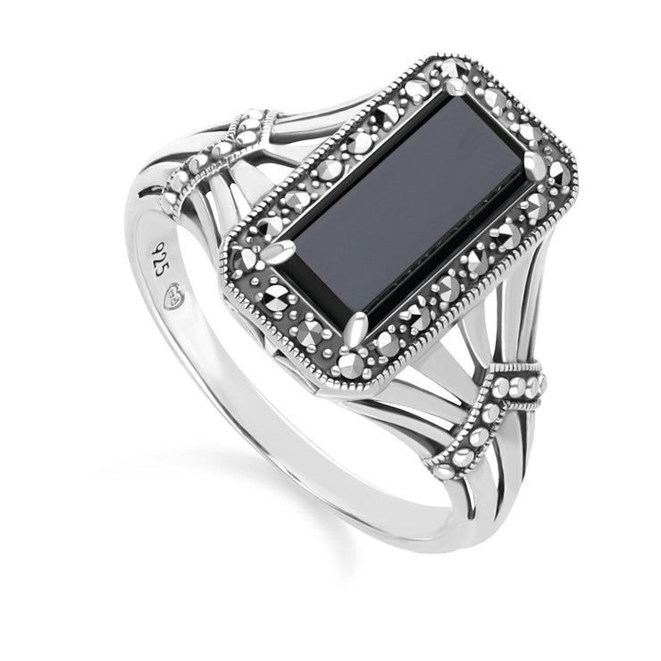 Bague Style Art Déco Octogone en Argent Sterling avec Onyx et Marcassite
