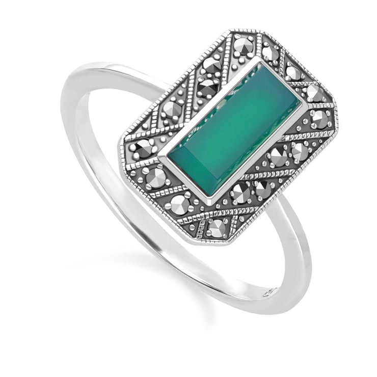 Bague Style Art Déco Rectangle en Argent Sterling avec Calcédoine et Marcassite