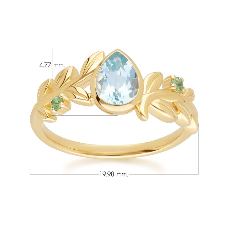 Bague O Leaf en Or Jaune 9ct avec Topaze Bleu et Tsavorite