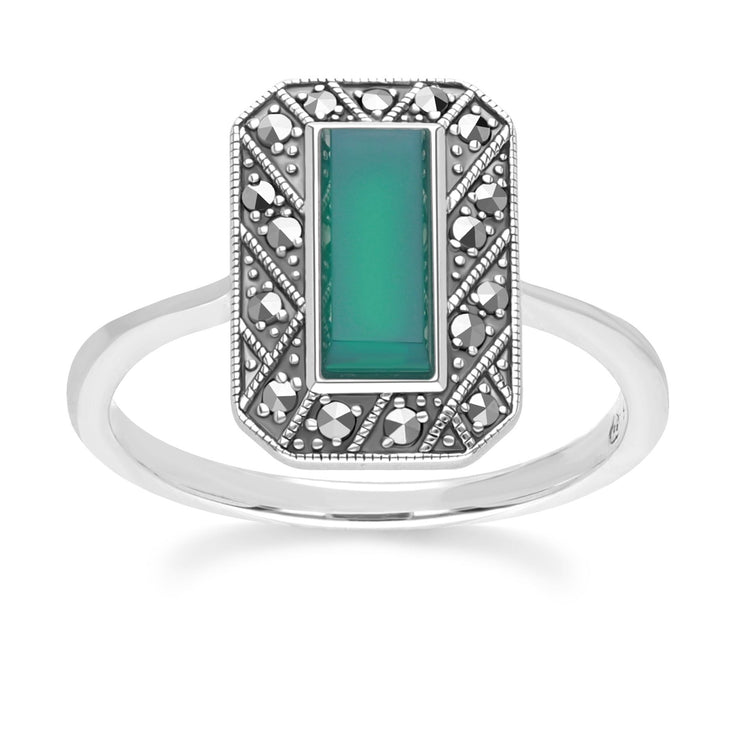 Bague Style Art Déco Rectangle en Argent Sterling avec Calcédoine et Marcassite