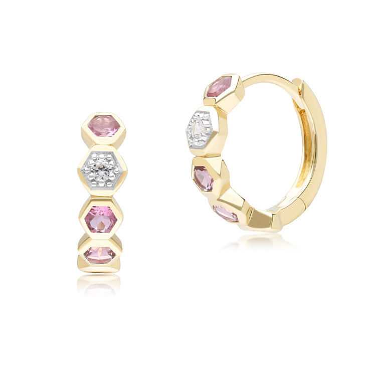 Boucles d'Oreilles Créoles Geometrique Hex en Or Jaune 9ct avec Tourmaline Rose et Saphir Ronds