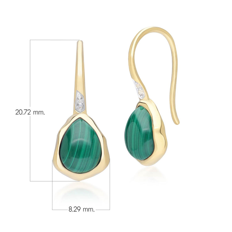 Boucles d'Oreilles Pendantes Irrégulier en Argent Sterling Doré à l'Or Fin avec Malachite et Topaze