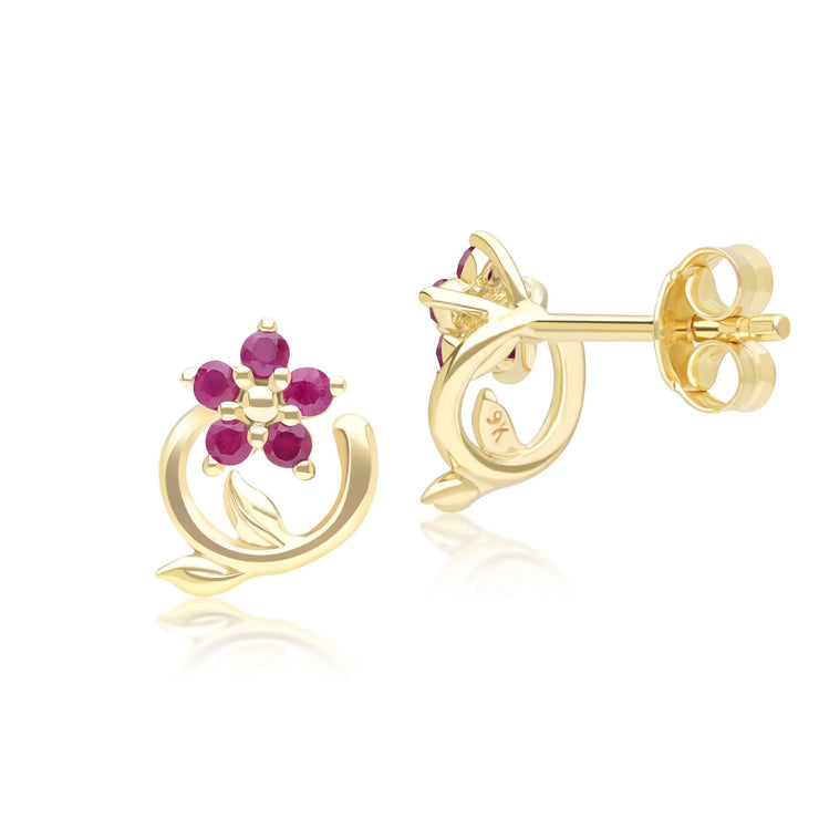 Boucles d'Oreilles Clou Floral Vigne avec Rubis en Or Jaune 9ct
