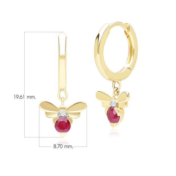 Boucles d'Oreilles Créoles Abeille Style Honeycomb en Or Jaune 9ct avec Rubis et Diamant