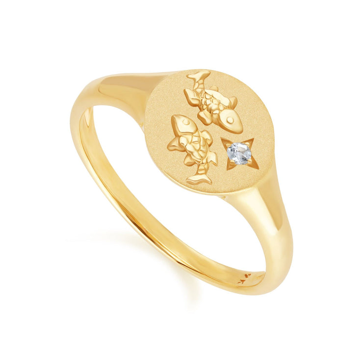 Bague Chevalière Zodiaque Poisson en Or Jaune 9ct avec une Aigue-Marine