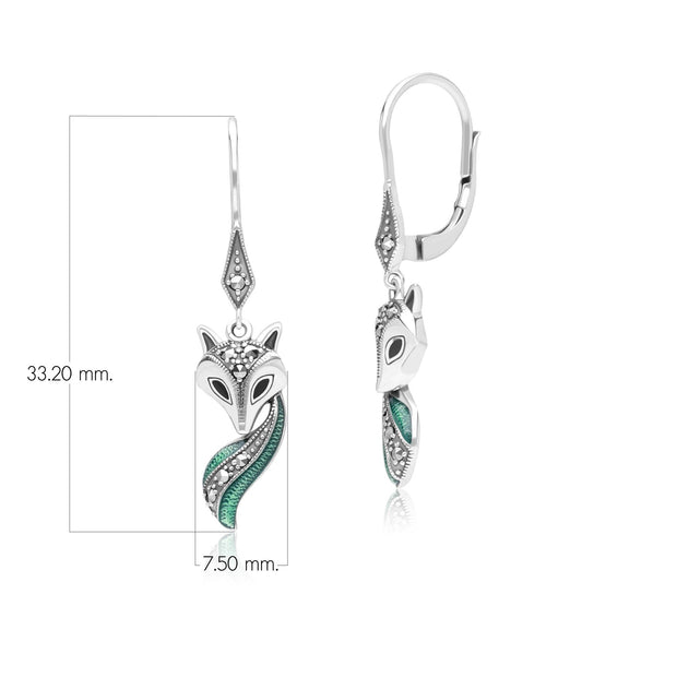 Boucles d'Oreilles Pendantes Renard Style Art Nouveau en Argent Sterling avec Marcasiteet Email Noir et Vert