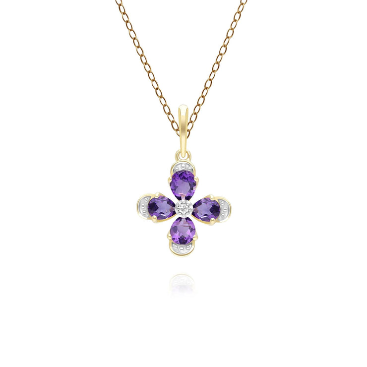 Pendentif Floral avec Améthyste & Diamant en Or Jaune 9ct