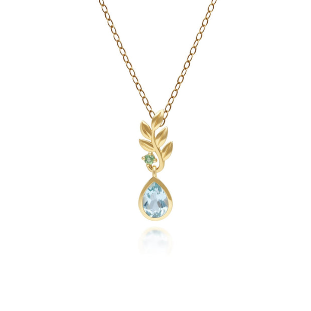 Pendentif O Leaf en Or Jaune 9ct avec Topaze Bleu et Tsavorite