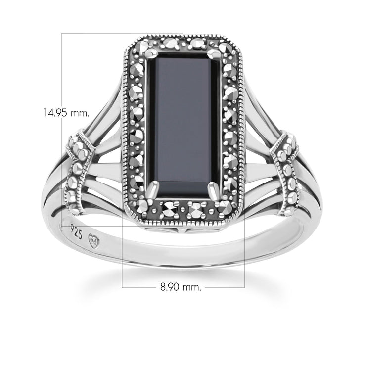 Bague Style Art Déco Octogone en Argent Sterling avec Onyx et Marcassite