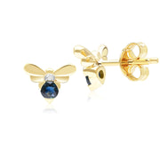 Boucles d'Oreilles Clou Abeille Style Honeycomb en Or Jaune 9ct avec Saphir bleu et Diamant