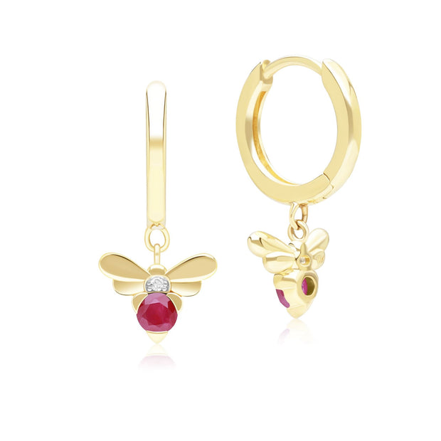 Boucles d'Oreilles Créoles Abeille Style Honeycomb en Or Jaune 9ct avec Rubis et Diamant