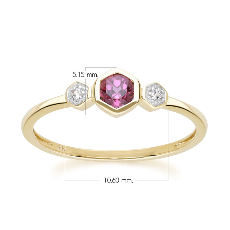 Bague Geometric Hex en Or Jaune 9ct avec Rhodolite et Saphir Ronds