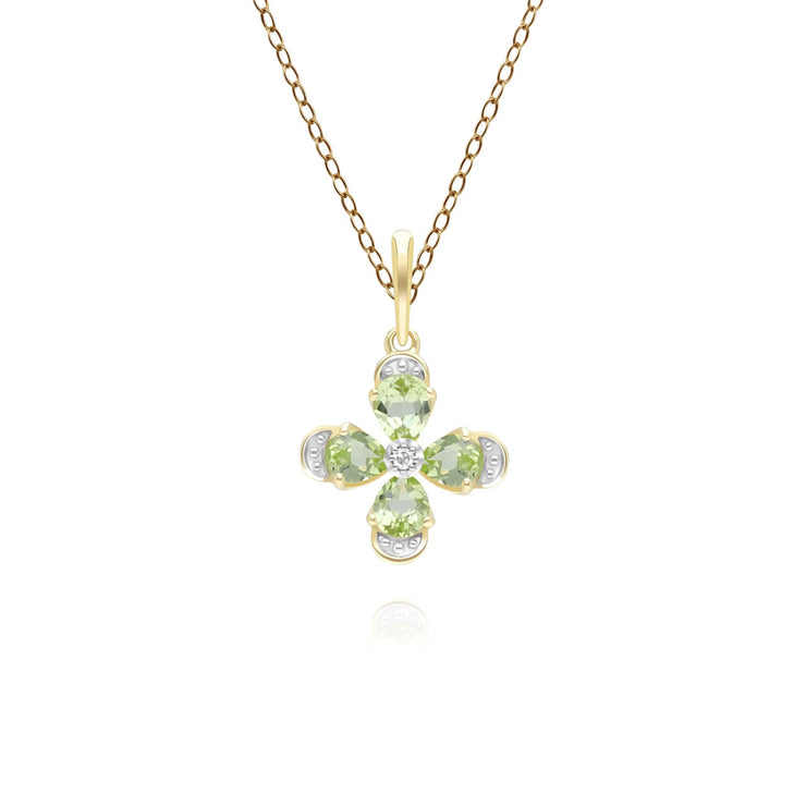 Pendentif Floral avec Péridot & Diamant en Or Jaune 9ct