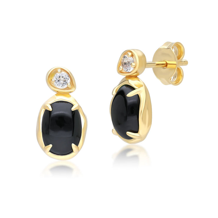Boucles d'Oreilles Pendantes Irrégulières en Argent Massif Doré à l'Or Fin avec Onyx Noir Ovale et Topaze