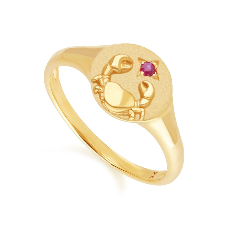 Bague Chevalière Zodiaque Cancer en Or Jaune 9ct avec un Rubis