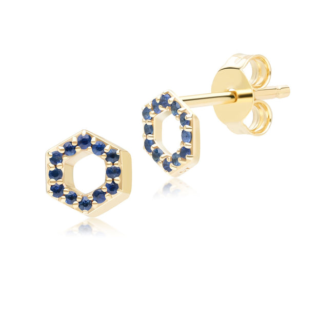 Boucles d'oreilles clou Geometric Hex en or jaune 9ct avec saphir