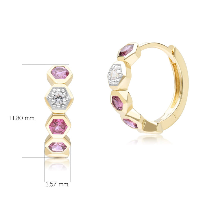 Boucles d'Oreilles Créoles Geometrique Hex en Or Jaune 9ct avec Rhodolite et Saphir Ronds