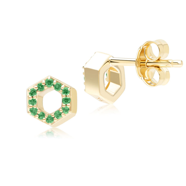 Boucles d'oreilles clou Geometric Hex en or jaune 9ct avec émeraude