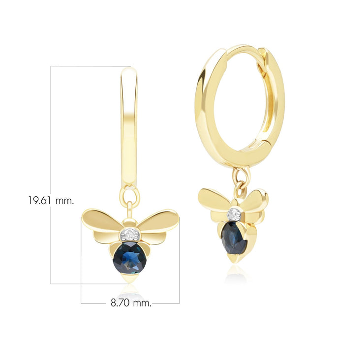 Boucles d'Oreilles Créoles Abeille Style Honeycomb en Or Jaune 9ct avec Saphir bleu et Diamant