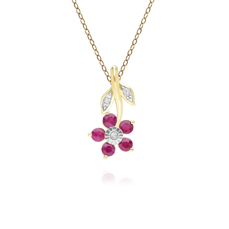 Pendentif Floral avec Rubis & Diamant en Or Jaune 9ct