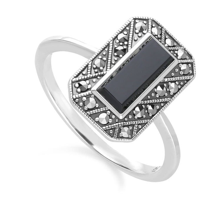 Bague Style Art Déco Rectangle en Argent Sterling avec Onyx et Marcassite
