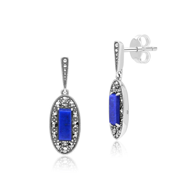 Boucles d'Oreilles Pendantes Style Art Déco Oval en Argent Sterling avec Lapis Lazuli et Marcassite