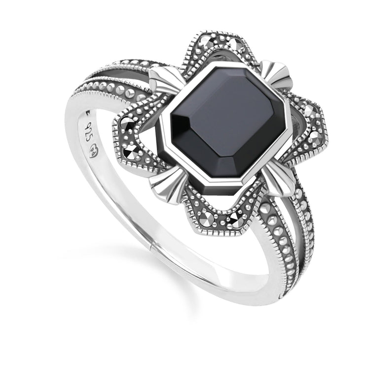 Bague Baguette Style Art Déco en Argent 925 avec Onyx et Marcassite
