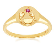 Bague Chevalière Zodiaque Cancer en Or Jaune 9ct avec un Rubis