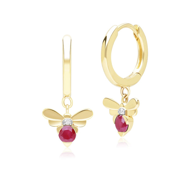 Boucles d'Oreilles Créoles Abeille Style Honeycomb en Or Jaune 9ct avec Rubis et Diamant