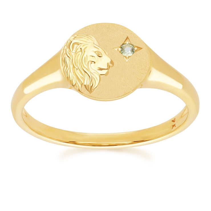 Bague Chevalière Zodiaque Lion en Or Jaune 9ct avec une Péridot