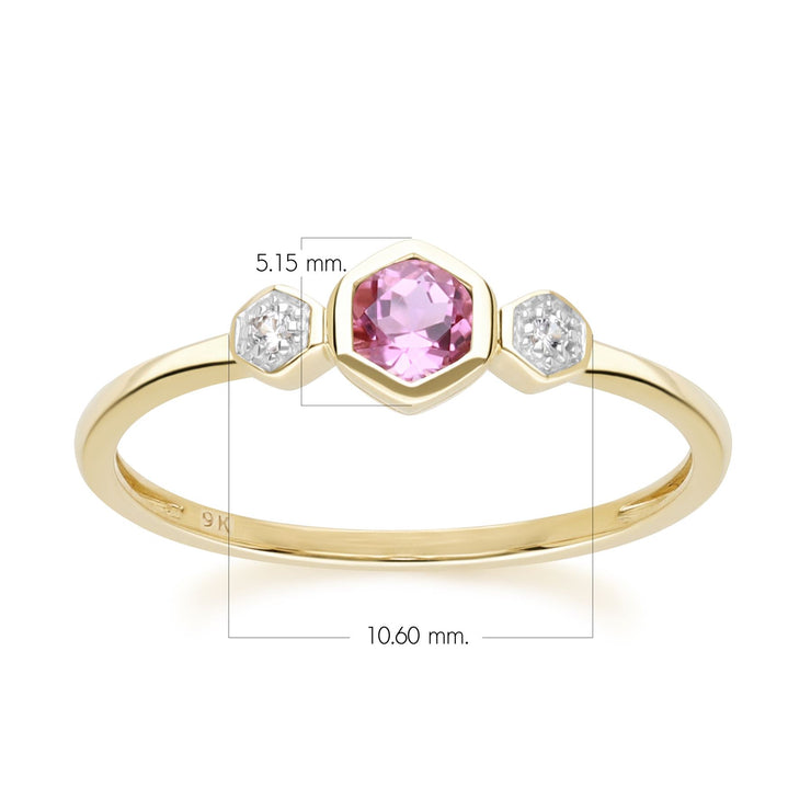 Bague Geometric Hex en Or Jaune 9ct avec Tourmaline Rose et Saphir Ronds