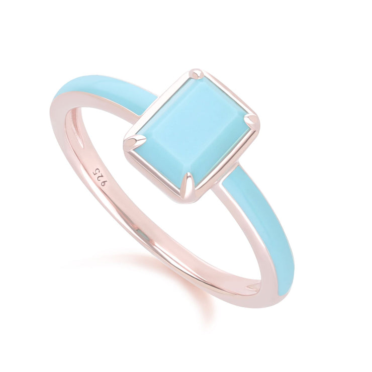 Bague Siberian Waltz En Émail Bleu Et Turquoise Octogonale En Or Vermeil Rose
