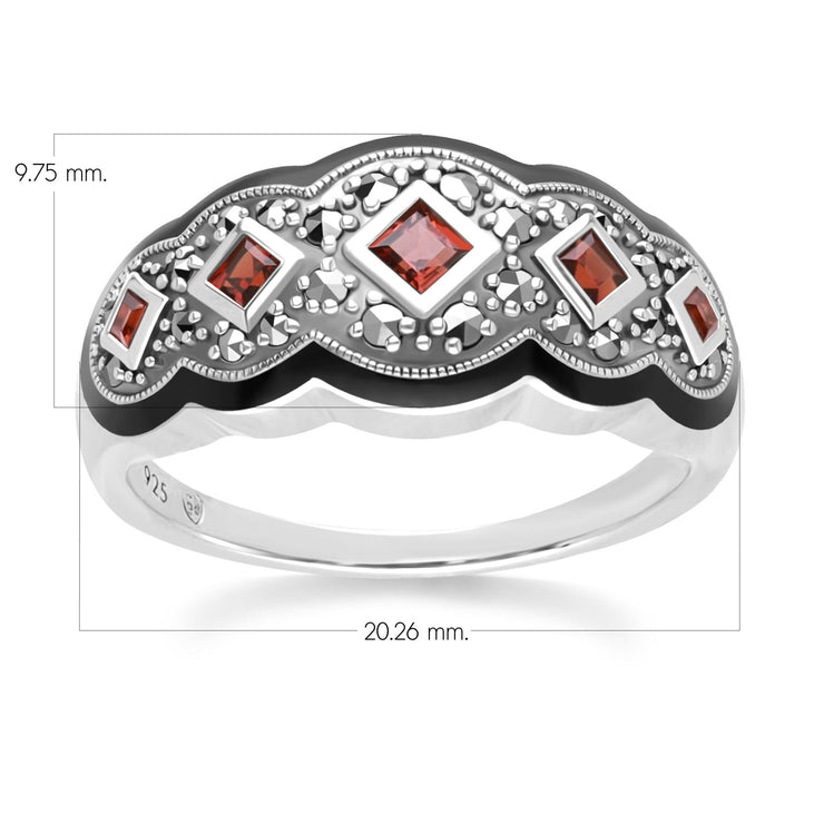 Bague Style Art Déco Carrée en Argent Sterling avec Grenat Cinq Pierres et Marcassite
