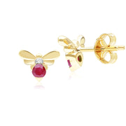 Boucles d'Oreilles Clou Abeille Style Honeycomb en Or Jaune 9ct avec Rubis et Diamant