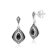 Boucles d'Oreilles Pendantes Style Art Déco Losange en Argent Sterling avec Onyx et Marcassite