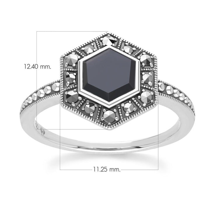 Bague Style Art Déco en Argent Sterling 925 avec Onyx Hexagone et Marcassite