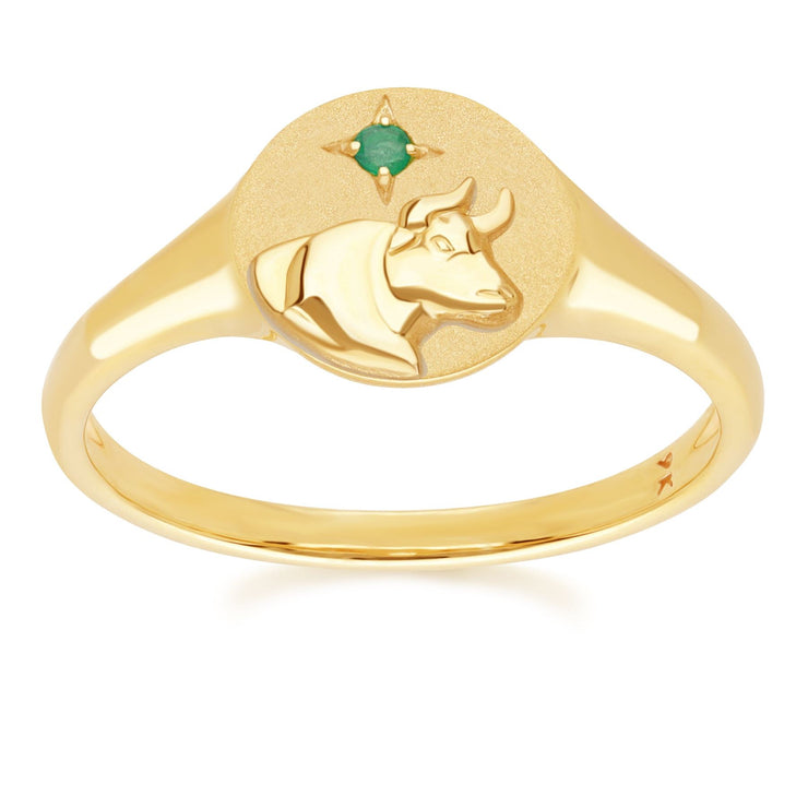 Bague Chevalière Zodiaque Taureau en Or Jaune 9ct avec une Emeraude