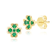 Boucles d'Oreilles Clou Trèfle Gardenia en Or Jaune 9ct avec Emeraudes Rondes