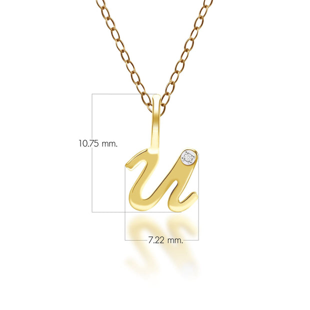 Pendentif Alphabet Lettre U en Or Jaune 9ct avec Diamant