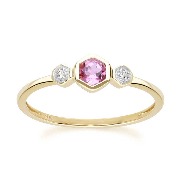 Bague Geometric Hex en Or Jaune 9ct avec Tourmaline Rose et Saphir Ronds