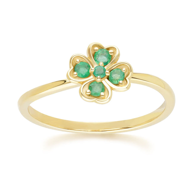 Bague Trèfle Gardenia en Or Jaune 9ct avec Emeraude Ronde