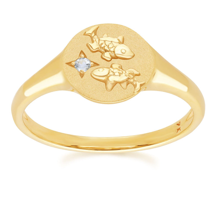 Bague Chevalière Zodiaque Poisson en Or Jaune 9ct avec une Aigue-Marine
