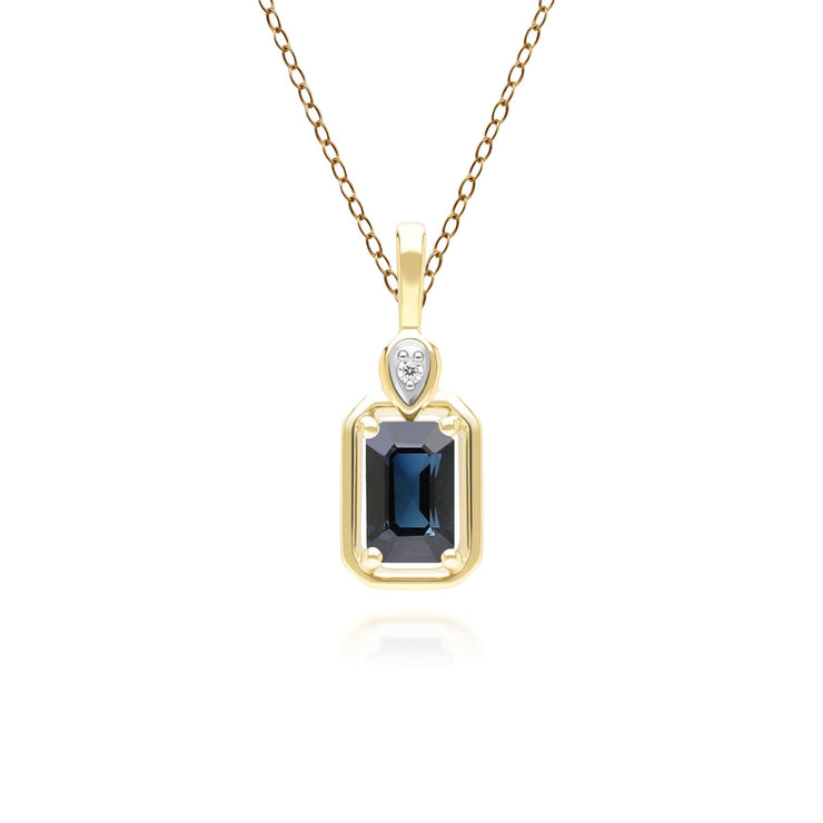 Collier Pendentif Classique en Or Jaune 9ct avec Saphir Baguette et Diamants
