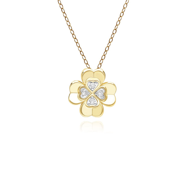 Pendentif Gardenia Trèfle en Or Jaune 9ct avec Diamant