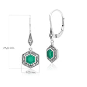 Boucles d'Oreilles Pendantes Style Art Déco en Argent Sterling 925 avec Calcédoine Hexagone et Marcassite